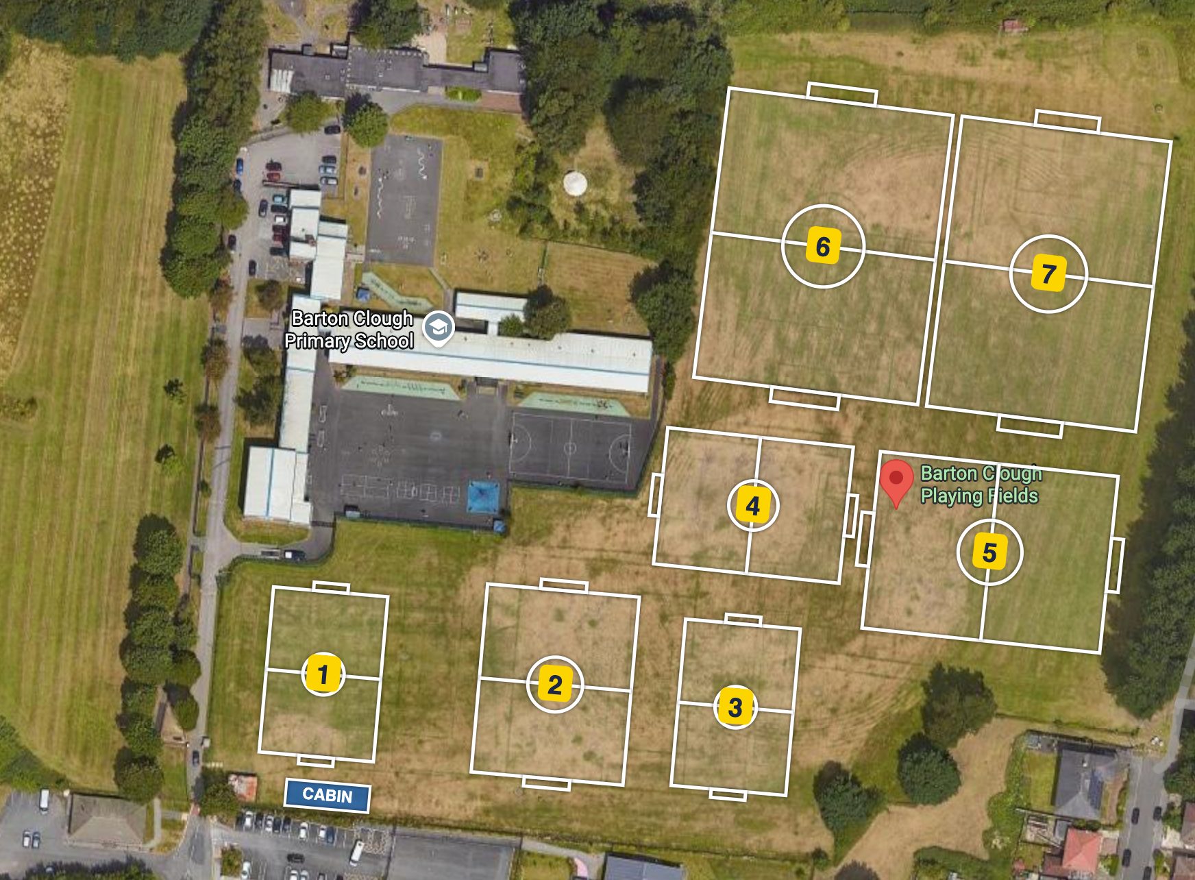 Aerial map of Barton Clough Playing Fields with pitches 1 to 7 and the storage cabin marked